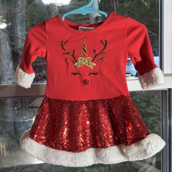 BlueBeri Boulevard Red Christmas Reindeer Sequin Dress Girls size 12 months - Picture 2 of 12
